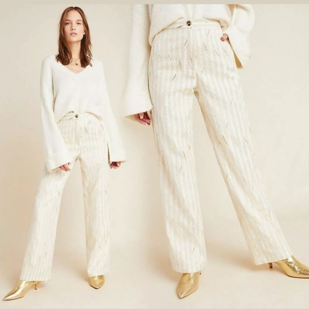 Porridge Kelyn Striped Wide Leg Metallic Pants Cream Cotton Women's Size 8